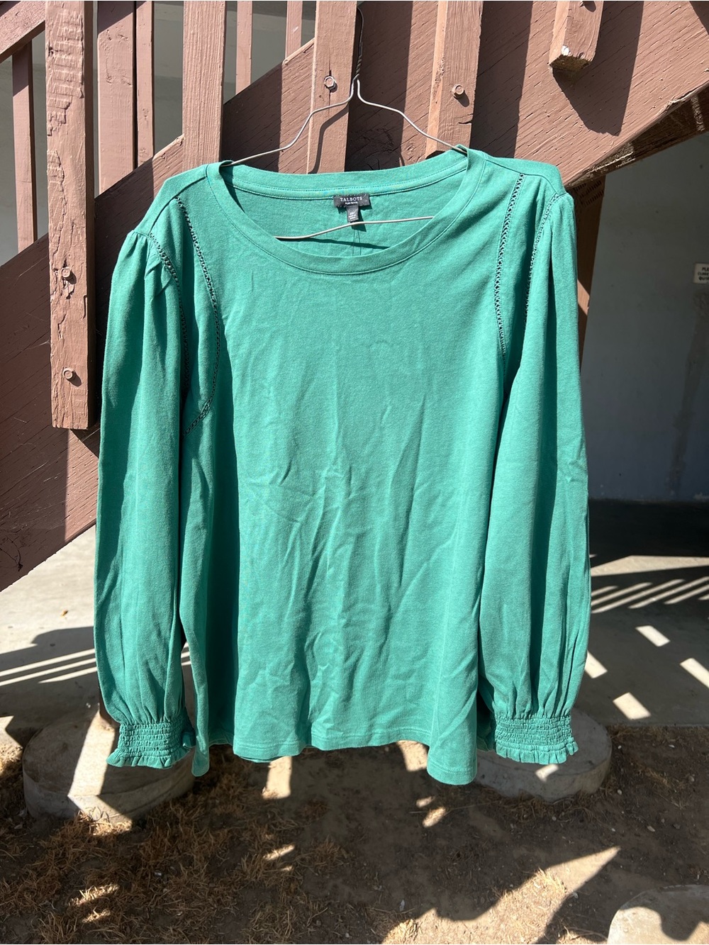 Talbots Teal Green Long-Sleeve Top with Smocked Cuffs